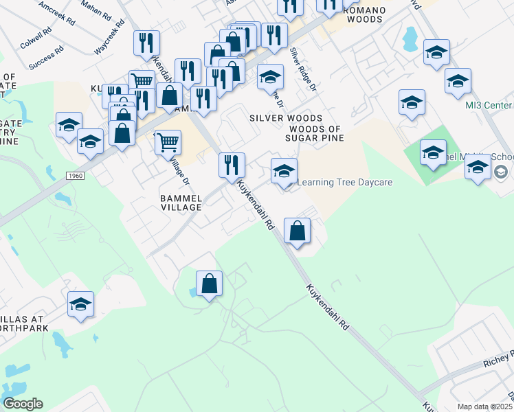 map of restaurants, bars, coffee shops, grocery stores, and more near 15403 Kuykendahl Road in Houston