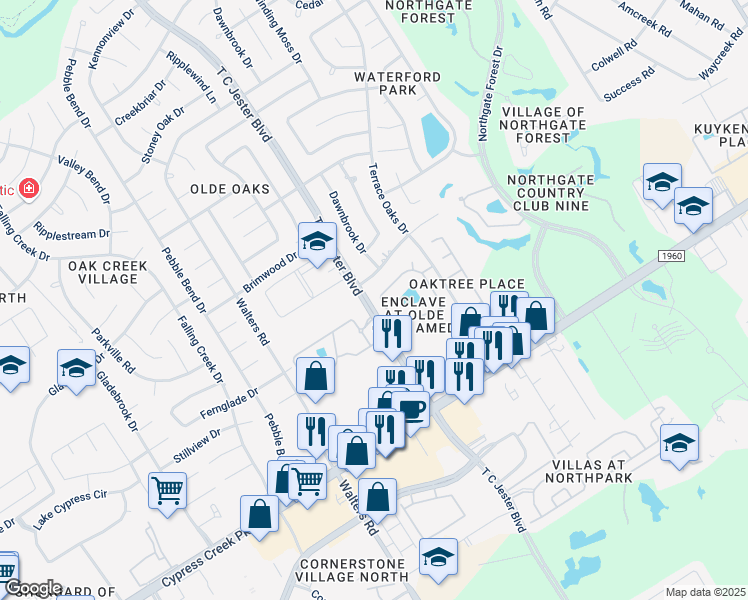 map of restaurants, bars, coffee shops, grocery stores, and more near 14927 Forest Enclave Lane in Houston