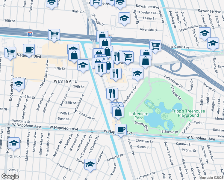 map of restaurants, bars, coffee shops, grocery stores, and more near 2809 David Drive in Metairie