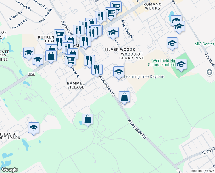 map of restaurants, bars, coffee shops, grocery stores, and more near 15403 Kuykendahl Road in Houston