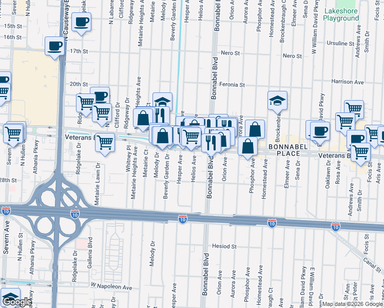 map of restaurants, bars, coffee shops, grocery stores, and more near 1900 Veterans Memorial Boulevard in Metairie