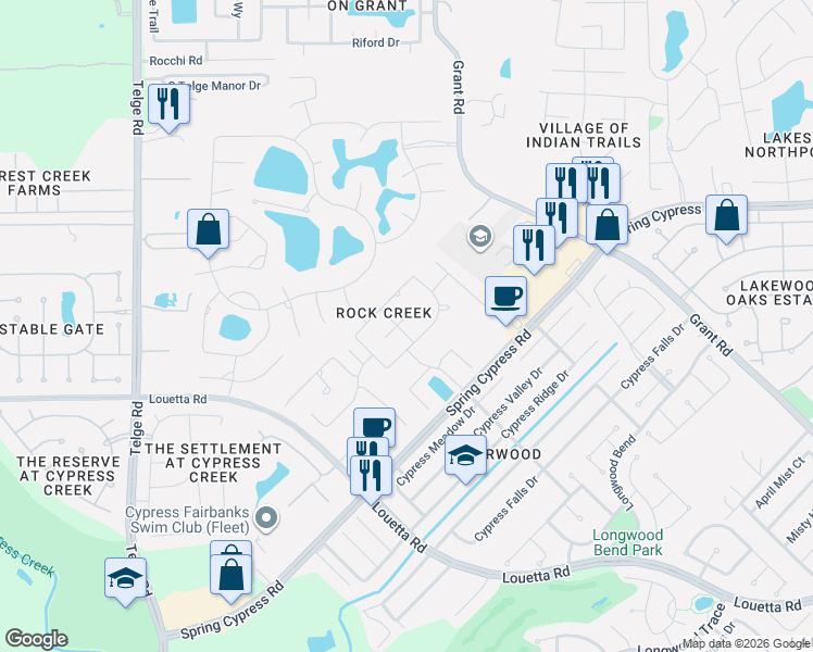 map of restaurants, bars, coffee shops, grocery stores, and more near 15414 Guadalupe Springs Lane in Cypress