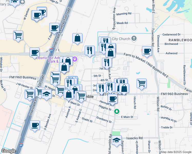 map of restaurants, bars, coffee shops, grocery stores, and more near 520 5th Street in Humble