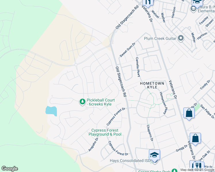 map of restaurants, bars, coffee shops, grocery stores, and more near 187 Fawn River Run in Kyle