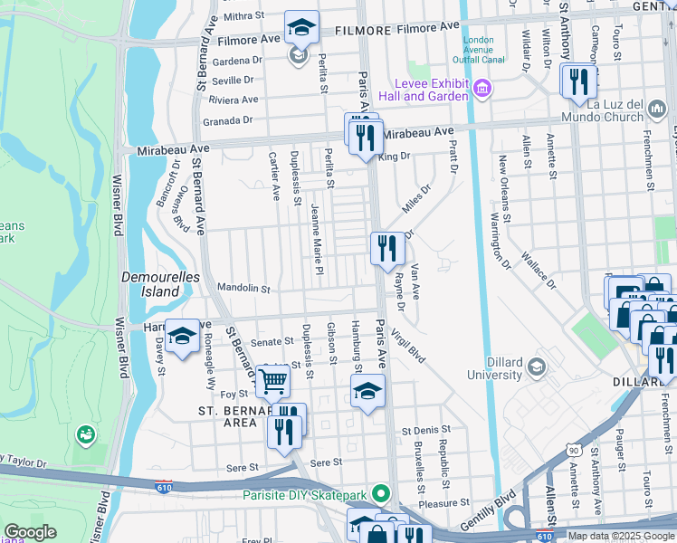 map of restaurants, bars, coffee shops, grocery stores, and more near 4313 Jeanne Marie Place in New Orleans