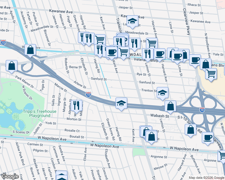 map of restaurants, bars, coffee shops, grocery stores, and more near 2809 Haring Road in Metairie