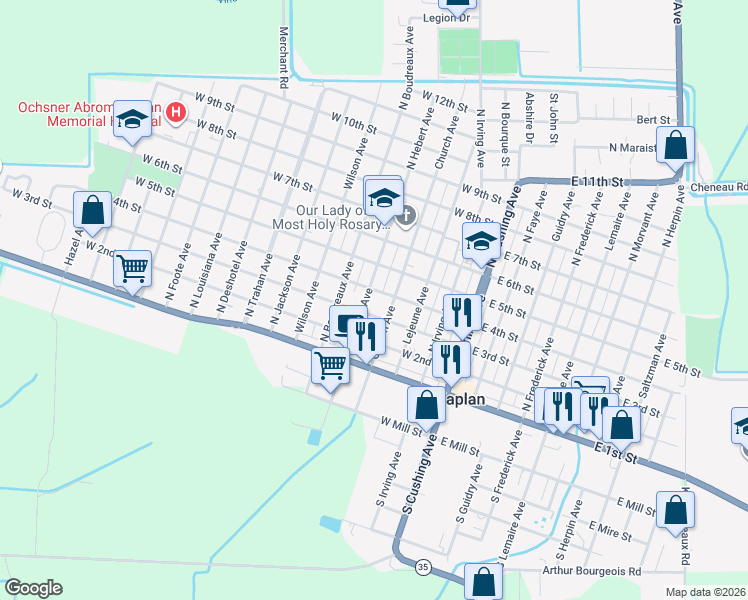 map of restaurants, bars, coffee shops, grocery stores, and more near 301-399 Hebert Ave in Kaplan
