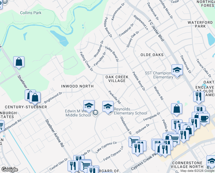 map of restaurants, bars, coffee shops, grocery stores, and more near 15238 Parkville Drive in Houston