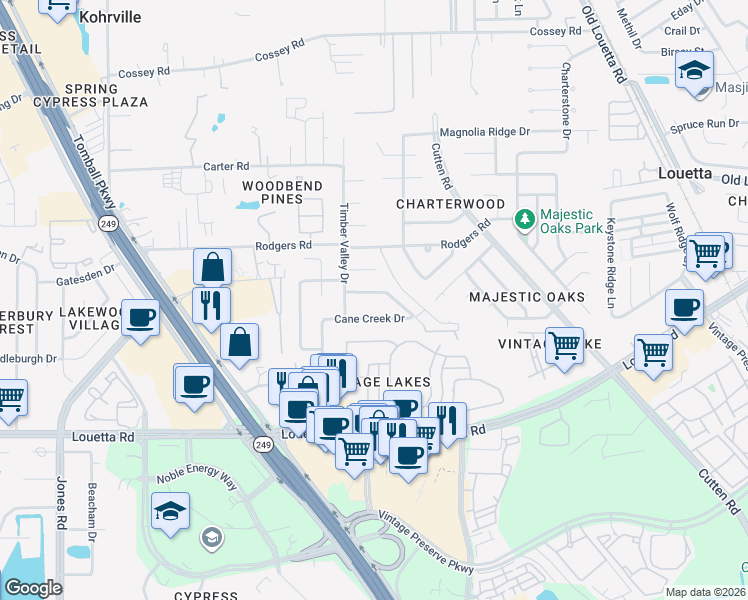 map of restaurants, bars, coffee shops, grocery stores, and more near 15939 Wine Rock Drive in Houston