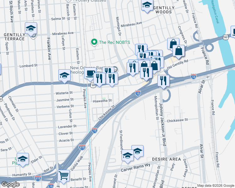 map of restaurants, bars, coffee shops, grocery stores, and more near 4044 Velie Street in New Orleans