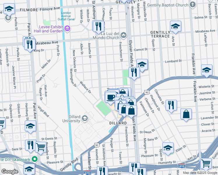 map of restaurants, bars, coffee shops, grocery stores, and more near 4233 Pauger Street in New Orleans