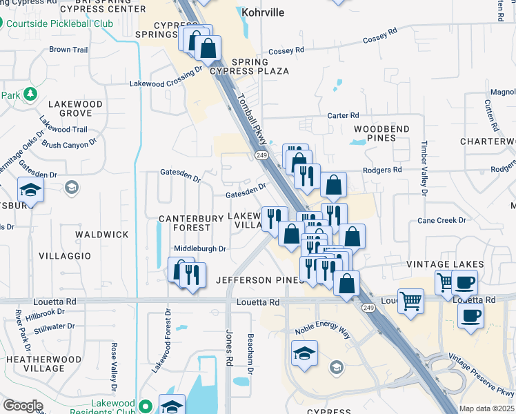 map of restaurants, bars, coffee shops, grocery stores, and more near 11034 Winspring Drive in Tomball