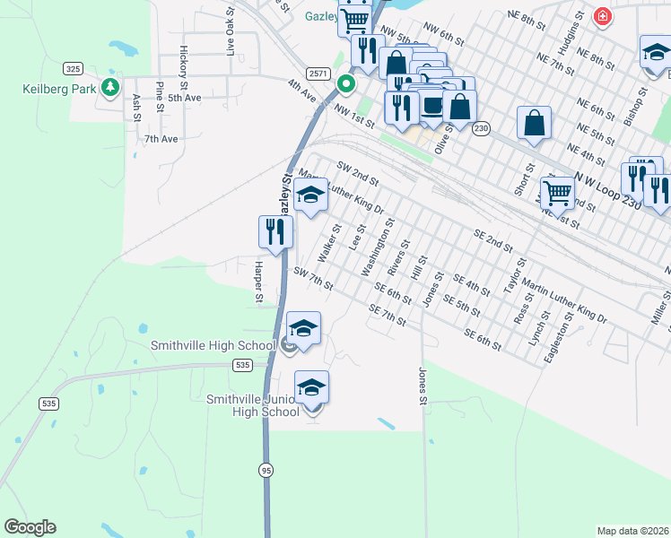 map of restaurants, bars, coffee shops, grocery stores, and more near 601 Lee Street in Smithville