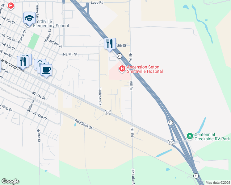 map of restaurants, bars, coffee shops, grocery stores, and more near 501 Leah Lane in Smithville