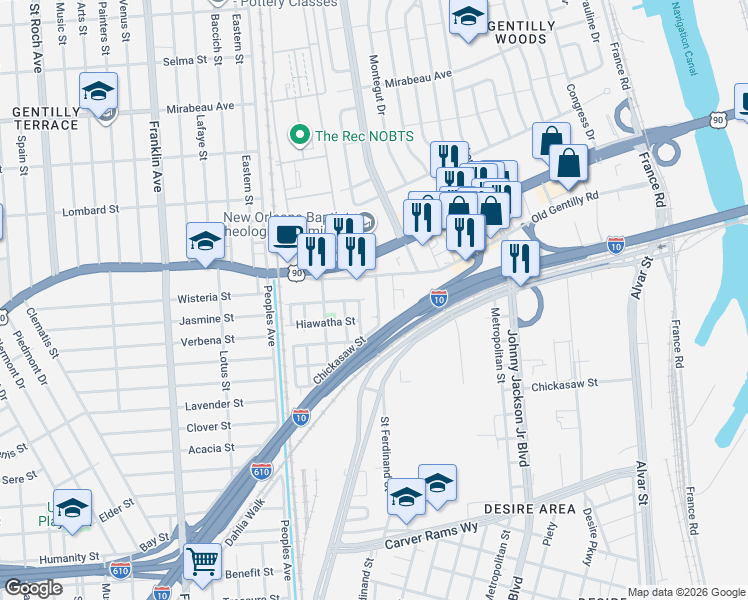 map of restaurants, bars, coffee shops, grocery stores, and more near 4044 Velie Street in New Orleans
