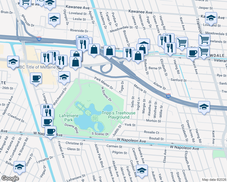 map of restaurants, bars, coffee shops, grocery stores, and more near 6452 Park Manor Drive in Metairie