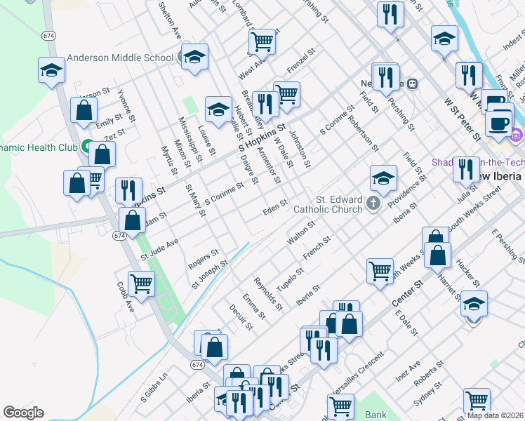 map of restaurants, bars, coffee shops, grocery stores, and more near 1206 Eden Street in New Iberia