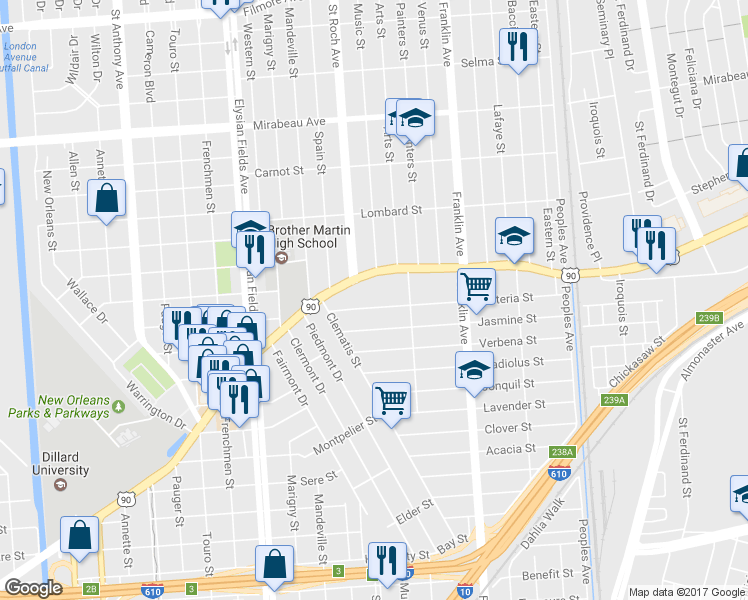 map of restaurants, bars, coffee shops, grocery stores, and more near 2425 Wisteria Street in New Orleans