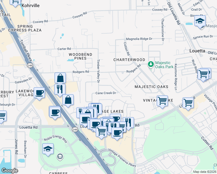 map of restaurants, bars, coffee shops, grocery stores, and more near 15939 Wine Rock Drive in Houston