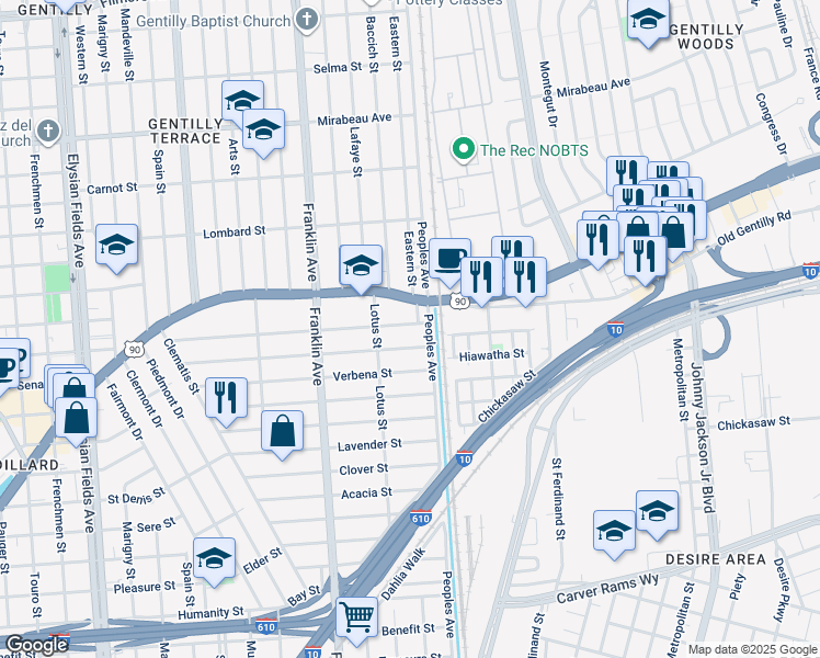 map of restaurants, bars, coffee shops, grocery stores, and more near 2750 Wisteria Street in New Orleans