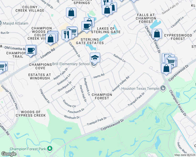 map of restaurants, bars, coffee shops, grocery stores, and more near 16314 Kempton Park Drive in Spring