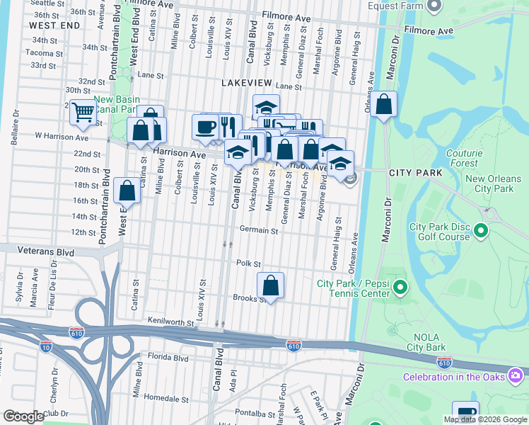 map of restaurants, bars, coffee shops, grocery stores, and more near 6142 Memphis Street in New Orleans