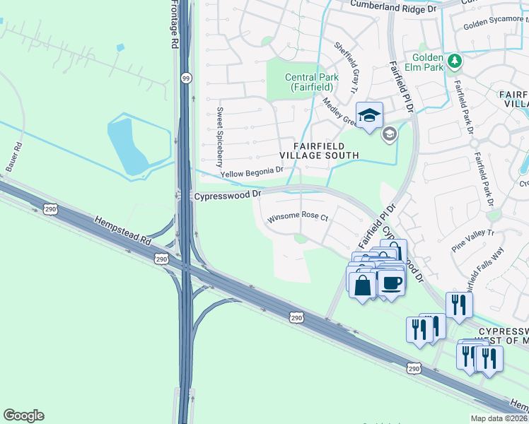 map of restaurants, bars, coffee shops, grocery stores, and more near 22038 Field Green Drive in Cypress