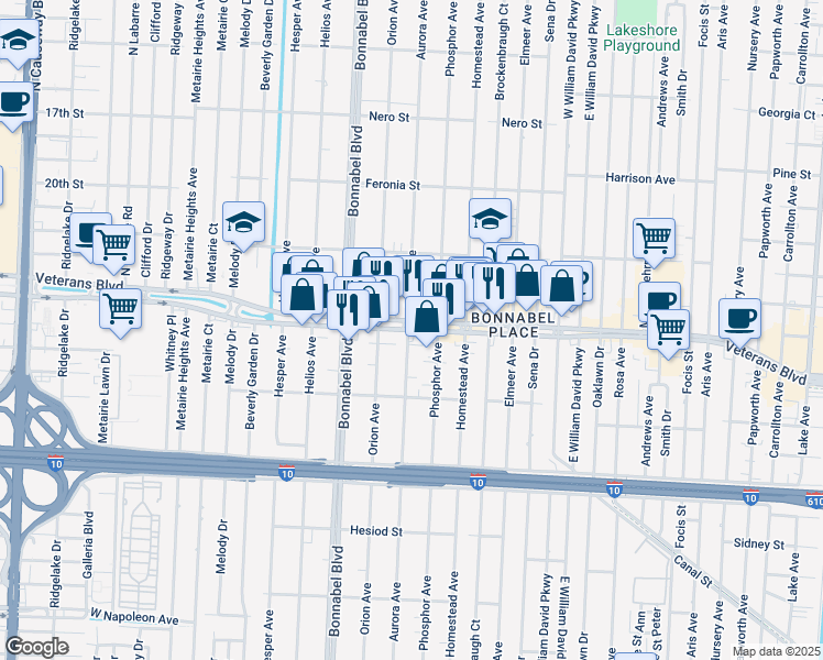 map of restaurants, bars, coffee shops, grocery stores, and more near 1510 Veterans Memorial Boulevard in Metairie