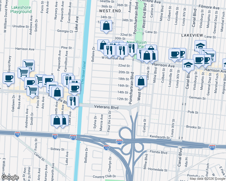 map of restaurants, bars, coffee shops, grocery stores, and more near 244 14th Street in New Orleans