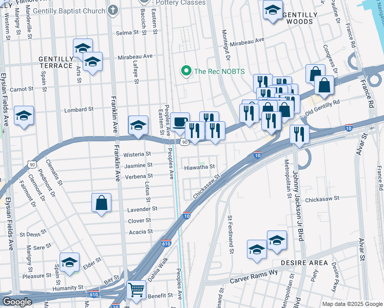 map of restaurants, bars, coffee shops, grocery stores, and more near 1 Pocahontas Street in New Orleans