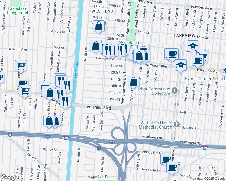 map of restaurants, bars, coffee shops, grocery stores, and more near 126 14th Street in New Orleans
