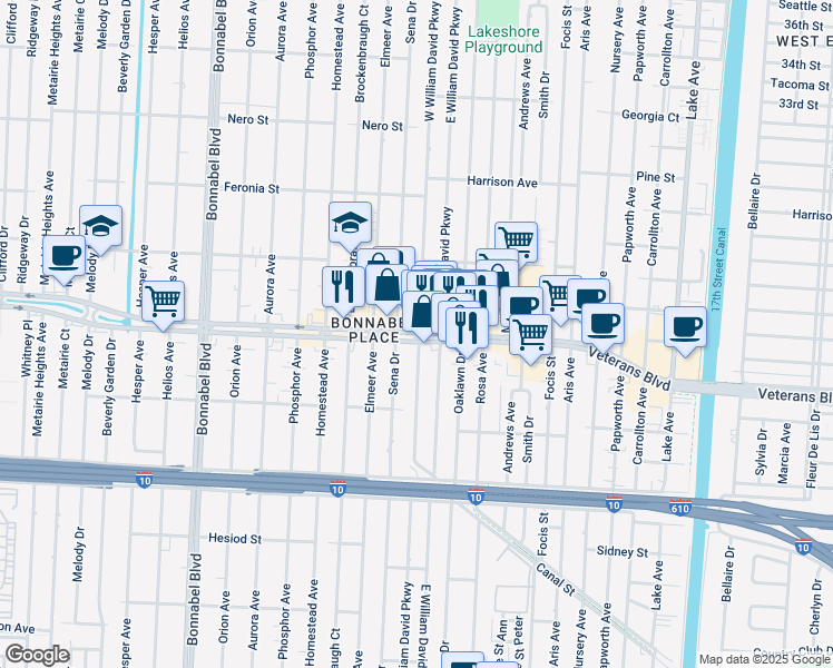 map of restaurants, bars, coffee shops, grocery stores, and more near 524 Sena Drive in Metairie