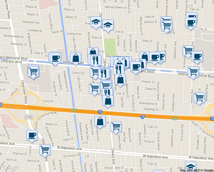 map of restaurants, bars, coffee shops, grocery stores, and more near 3100 Cleary Avenue in Metairie