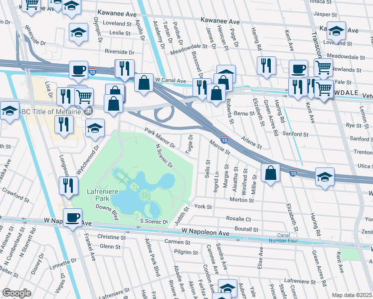 map of restaurants, bars, coffee shops, grocery stores, and more near 6427 Park Manor Drive in Metairie