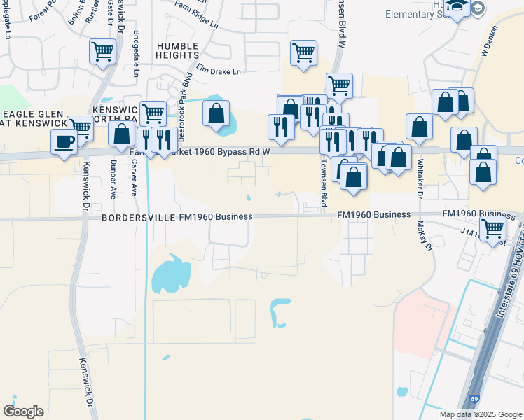 map of restaurants, bars, coffee shops, grocery stores, and more near 9123 Humble Westfield Road in Humble