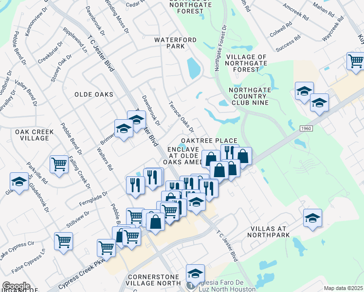 map of restaurants, bars, coffee shops, grocery stores, and more near 14910 Forest Enclave Lane in Houston