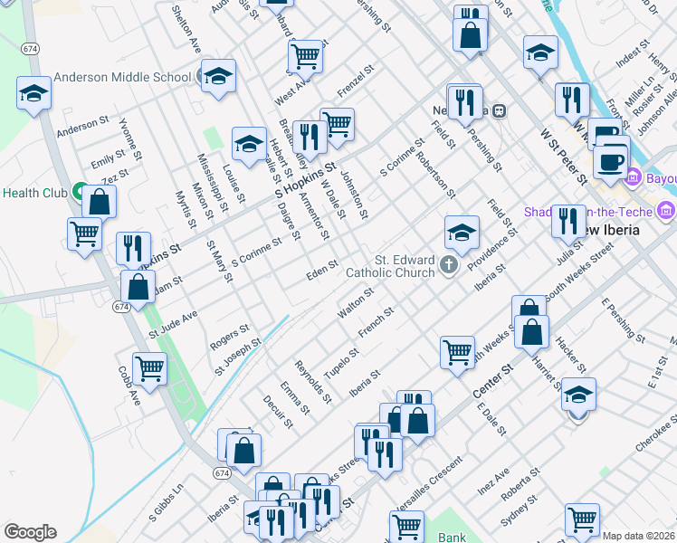 map of restaurants, bars, coffee shops, grocery stores, and more near 303 Armentor Street in New Iberia