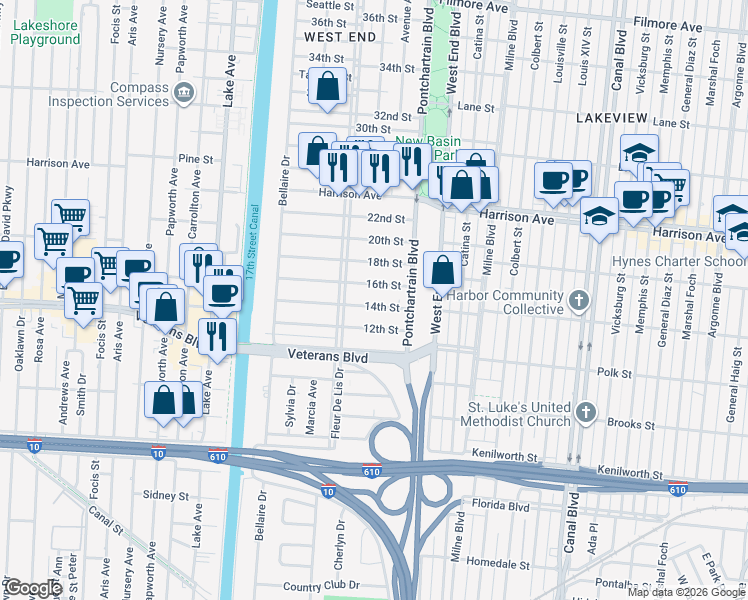 map of restaurants, bars, coffee shops, grocery stores, and more near 126 14th Street in New Orleans