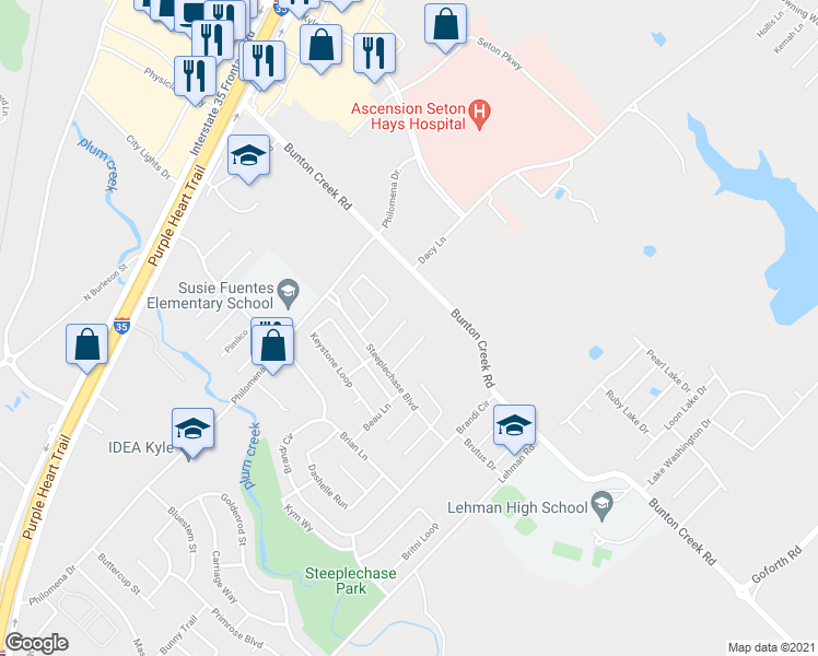 map of restaurants, bars, coffee shops, grocery stores, and more near 170 Riley Cove in Kyle