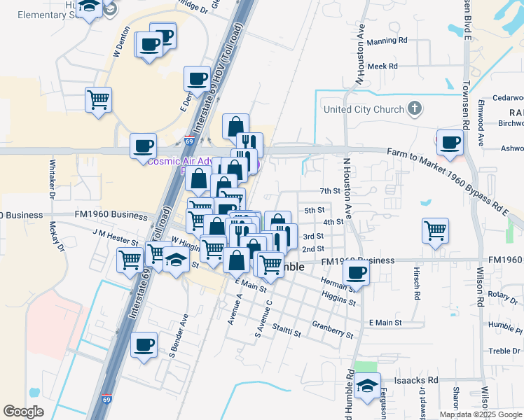 map of restaurants, bars, coffee shops, grocery stores, and more near 341 Charles Street in Humble