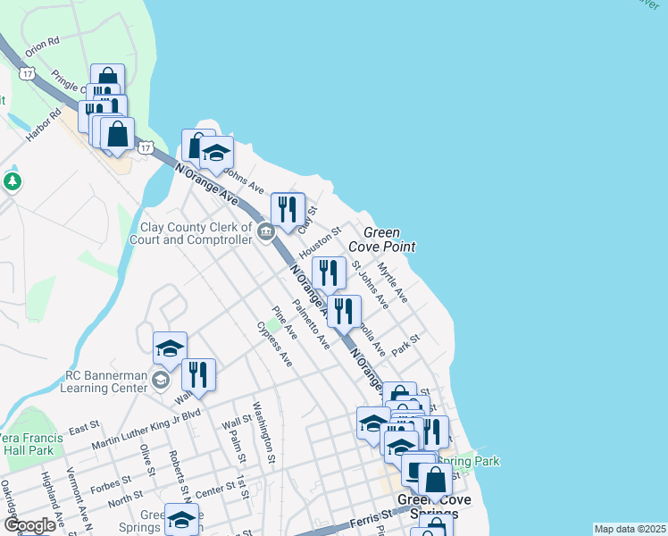 map of restaurants, bars, coffee shops, grocery stores, and more near 201 Hammock Street in Green Cove Springs