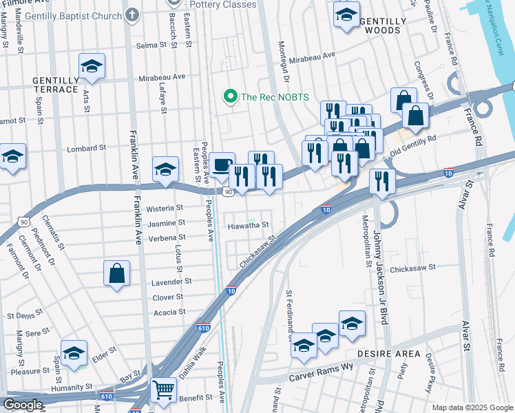 map of restaurants, bars, coffee shops, grocery stores, and more near 1 Pocahontas Street in New Orleans
