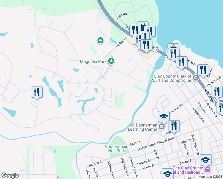 map of restaurants, bars, coffee shops, grocery stores, and more near 3342 Turkey Creek Drive in Green Cove Springs