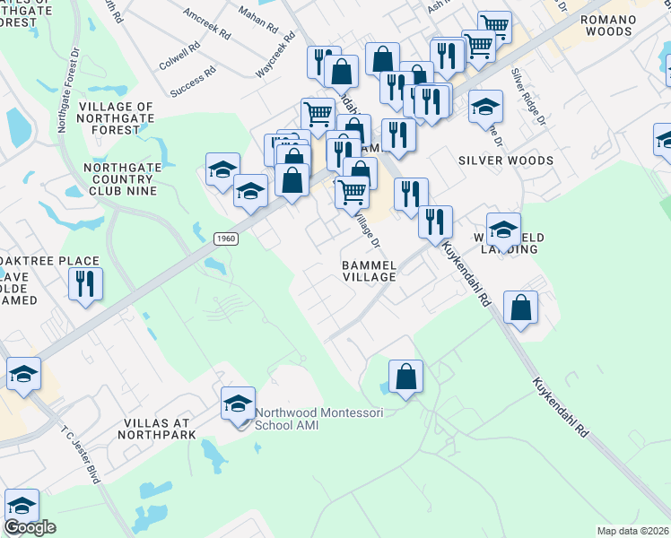 map of restaurants, bars, coffee shops, grocery stores, and more near 15619 Kiplands Bend Drive in Houston