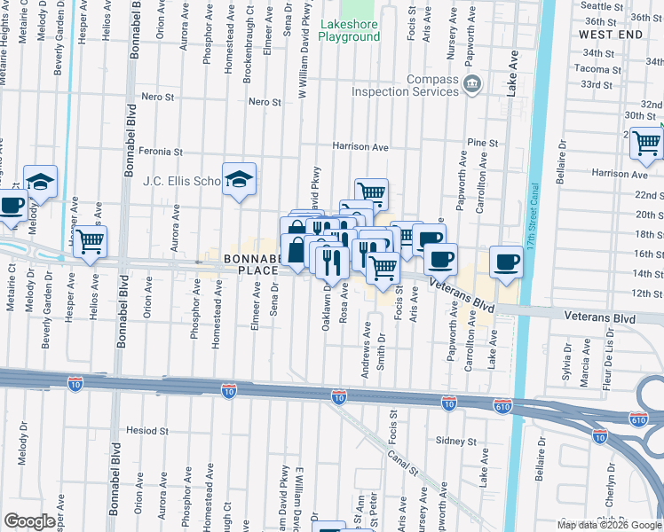 map of restaurants, bars, coffee shops, grocery stores, and more near 900 Veterans Memorial Boulevard in Metairie