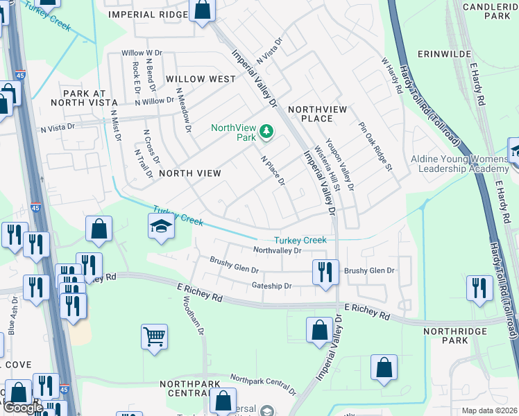 map of restaurants, bars, coffee shops, grocery stores, and more near in Harris County