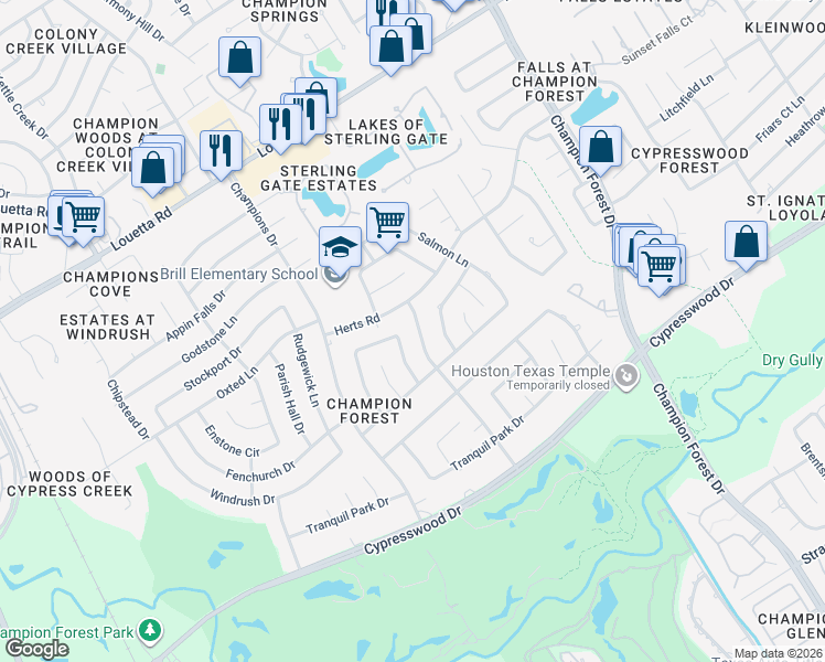 map of restaurants, bars, coffee shops, grocery stores, and more near 16104 Maplehurst Drive in Spring