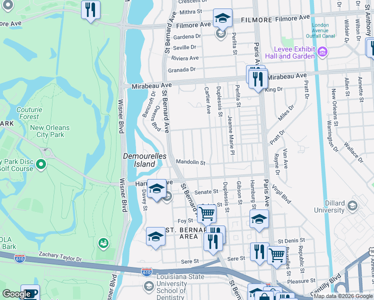 map of restaurants, bars, coffee shops, grocery stores, and more near 4315 Wellington Drive in New Orleans