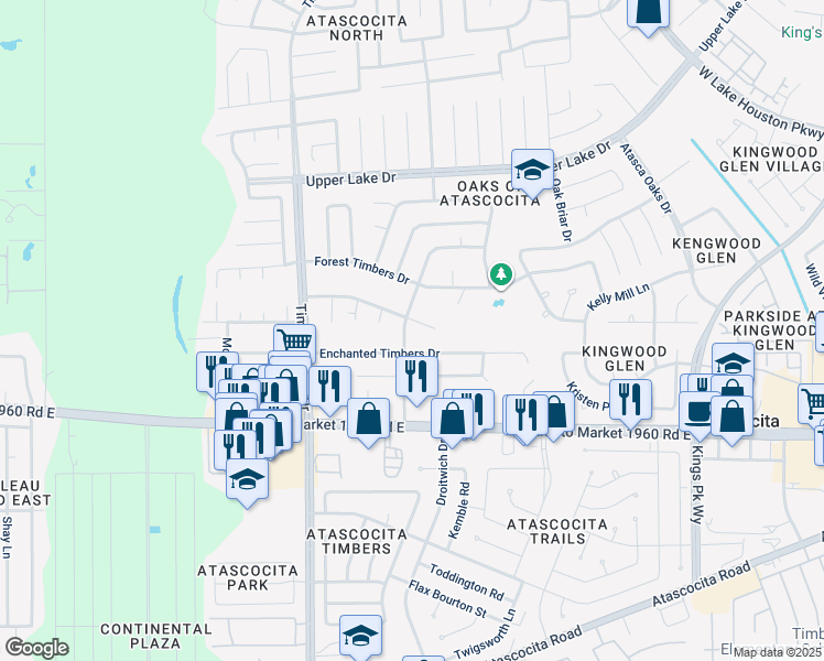 map of restaurants, bars, coffee shops, grocery stores, and more near 5531 Enchanted Timbers Drive in Humble