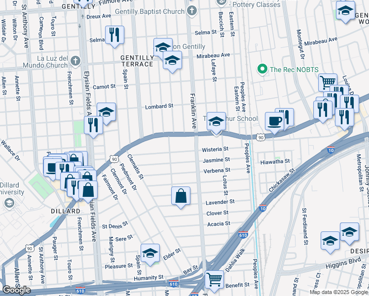 map of restaurants, bars, coffee shops, grocery stores, and more near 2547 Wisteria Street in New Orleans